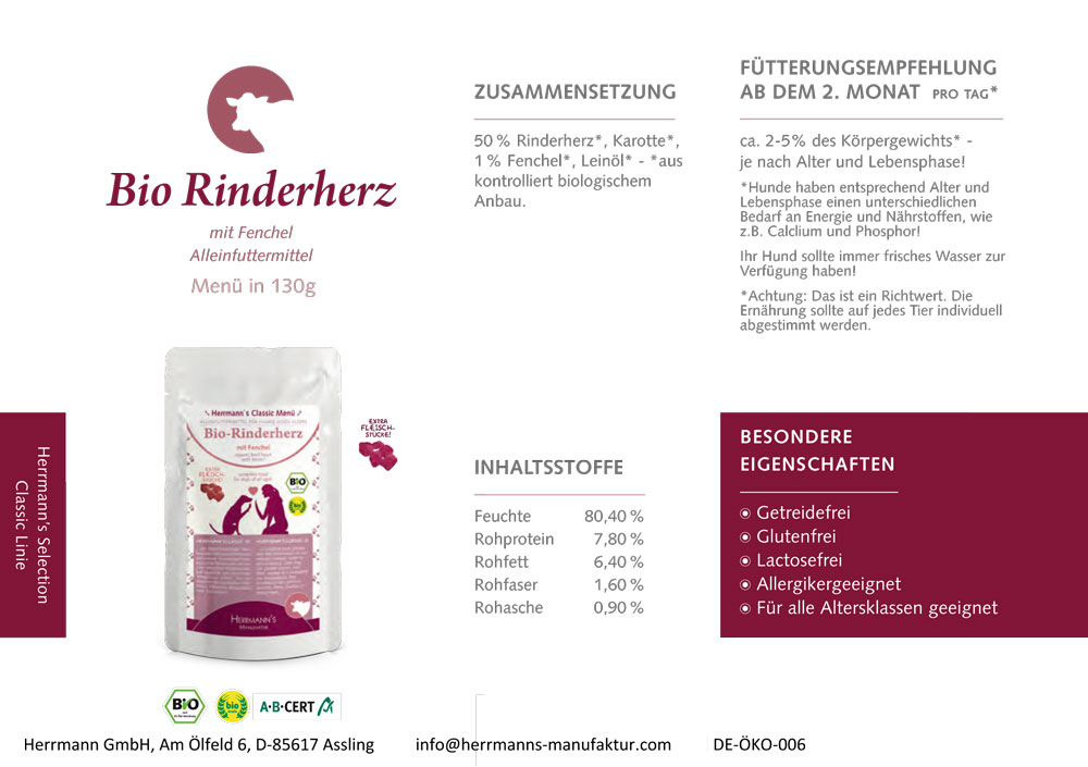 Bio Hundefutter Feucht Rinderherzen, Fenchel, Möhren, Leinöl